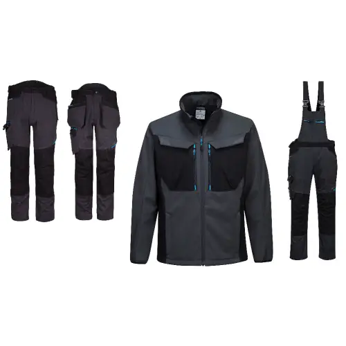 Ubranie robocze kurtka SOFTSHELL+spodnie do pasa/spodnie z kieszeniami kaburowymi/ogrodniczki WX3 PORTWEST (T750, T701, T702, T704) szare/niebieskie